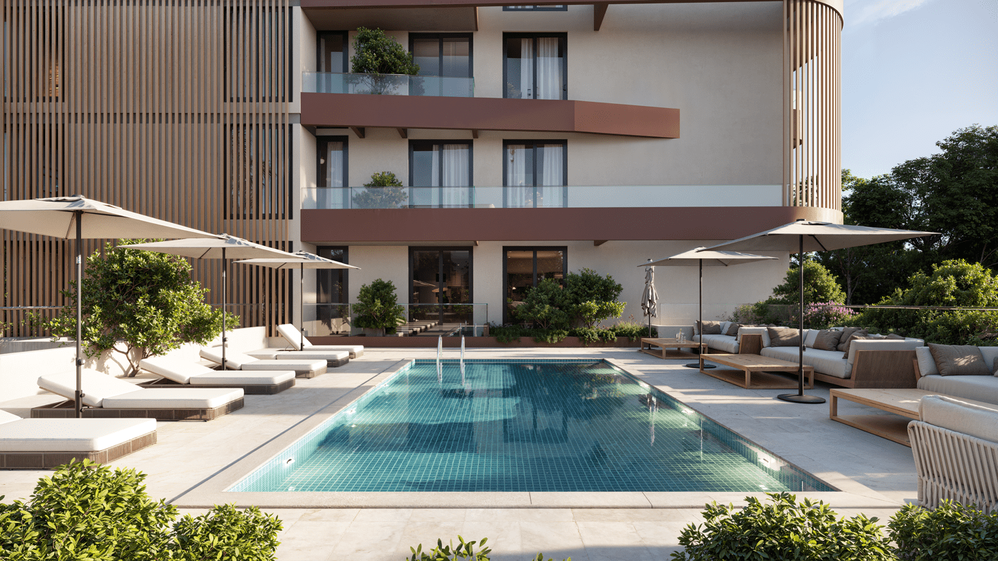 Zenwood — outdoor amenity space, pool and landscaping at Airport Residential Area